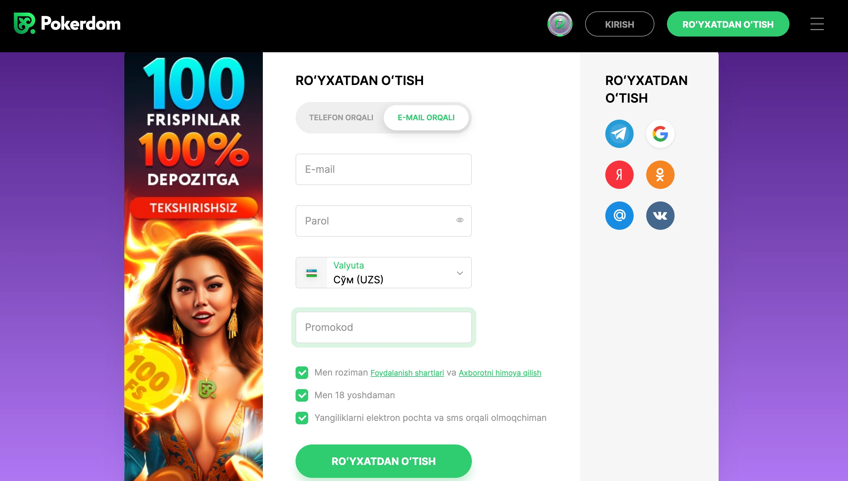 Casino onlayn UZ ro'yxatdan o'tish – telefon email tarmoq usullari 2026